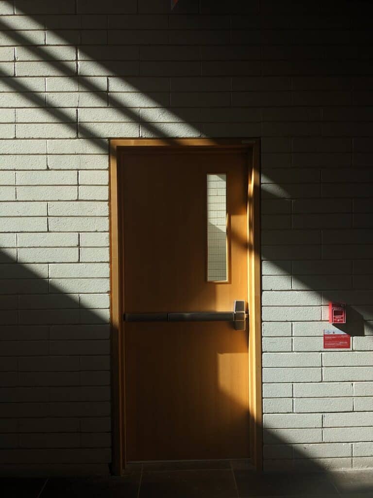 Sunlight casting shadows on a brick wall with a wooden door.