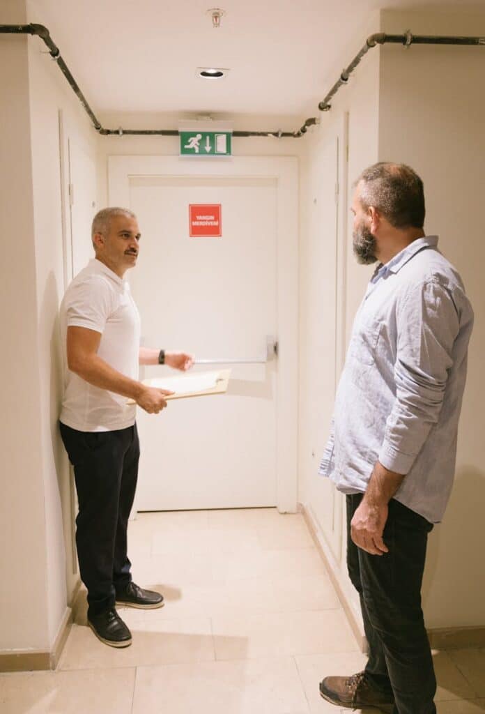 Two men conversing in a well-lit apartment hallway holding documents.